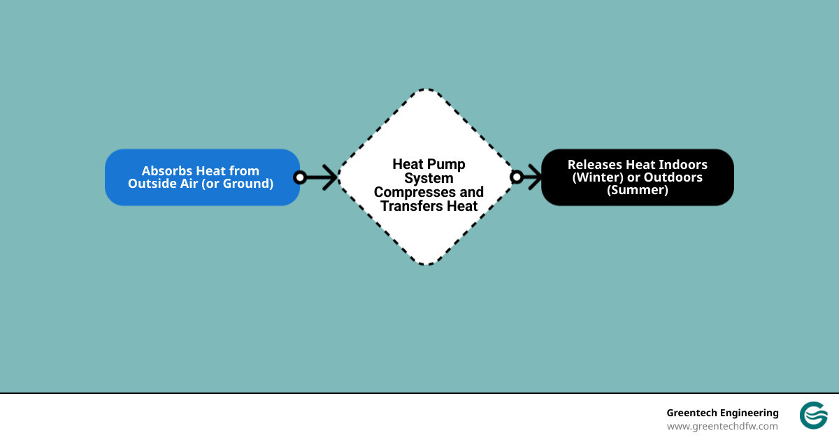 Infographic showing how heat pumps work by moving heat from outside air into your home during winter and removing heat from inside during summer, with arrows indicating heat transfer direction and seasonal operation modes - heat pump installation estimate infographic flowmap_simple