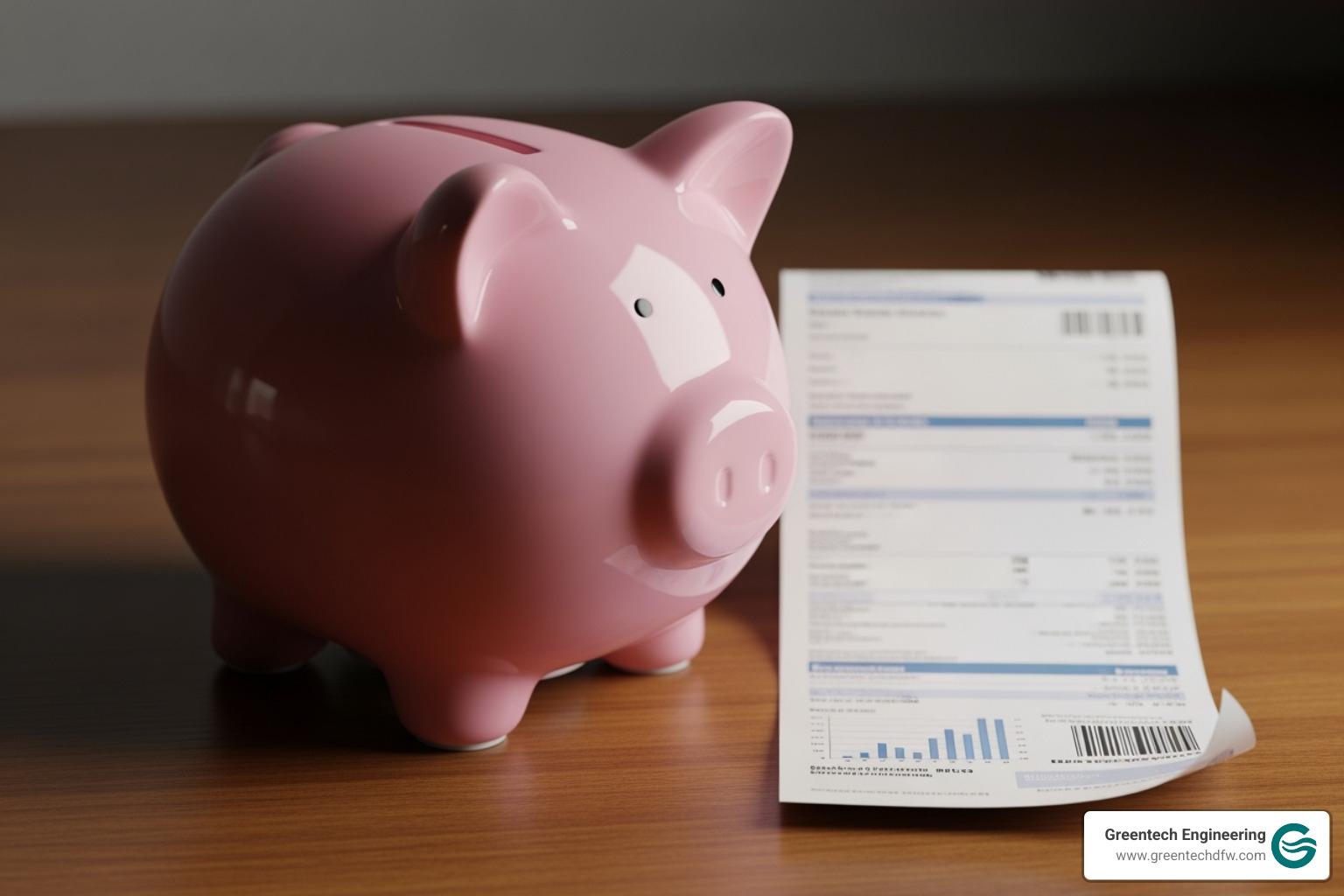 Piggy bank next to an energy bill showing savings - heat pump installation estimate