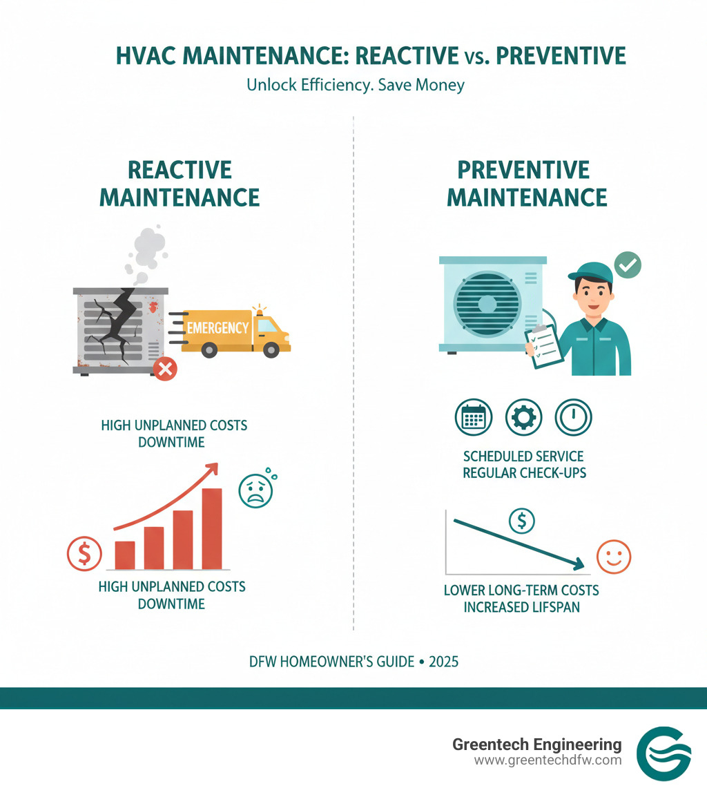 Infographic showing the comparison between reactive maintenance (broken HVAC unit with emergency repair truck and high costs) versus preventive maintenance (scheduled technician visit with checklist, regular service, and lower long-term costs) - Preventative maintenance plan infographic 