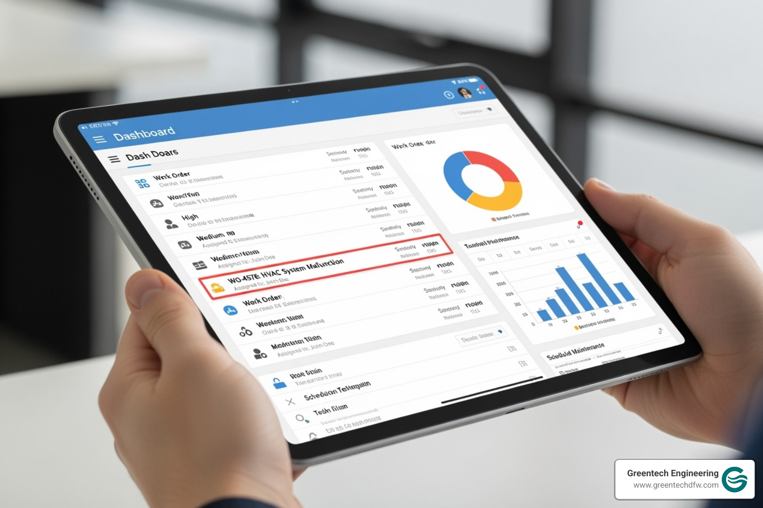 digital tablet displaying a CMMS dashboard with work orders - Preventative maintenance plan