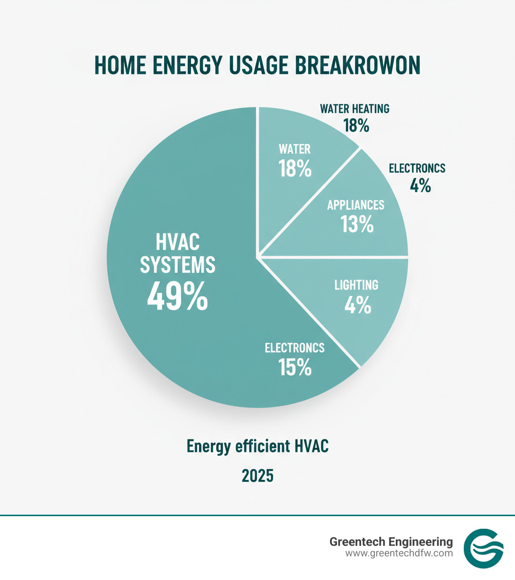 Detailed breakdown of home energy usage showing HVAC systems account for nearly 50% of total energy consumption, with water heating at 18%, lighting at 5%, appliances at 13%, electronics at 4%, and other uses making up the remainder - Energy efficient HVAC infographic 