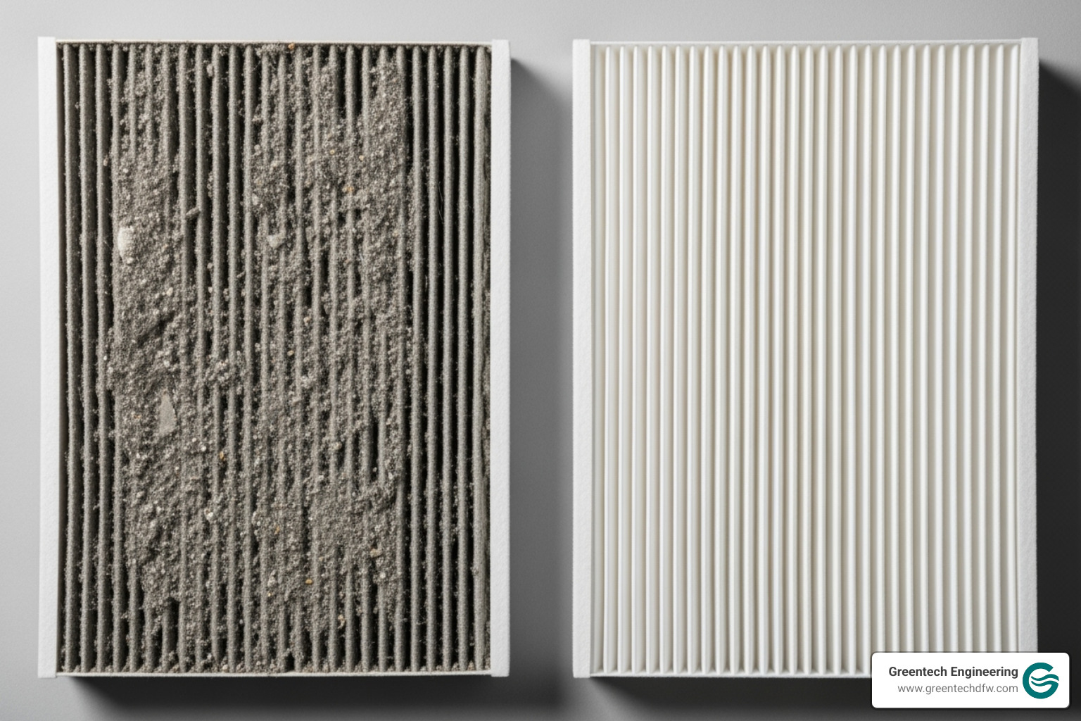 A dirty, clogged air filter compared side-by-side with a new, clean air filter - Improve AC efficiency A dirty, clogged air filter compared side-by-side with a new, clean air filter - Improve AC efficiency