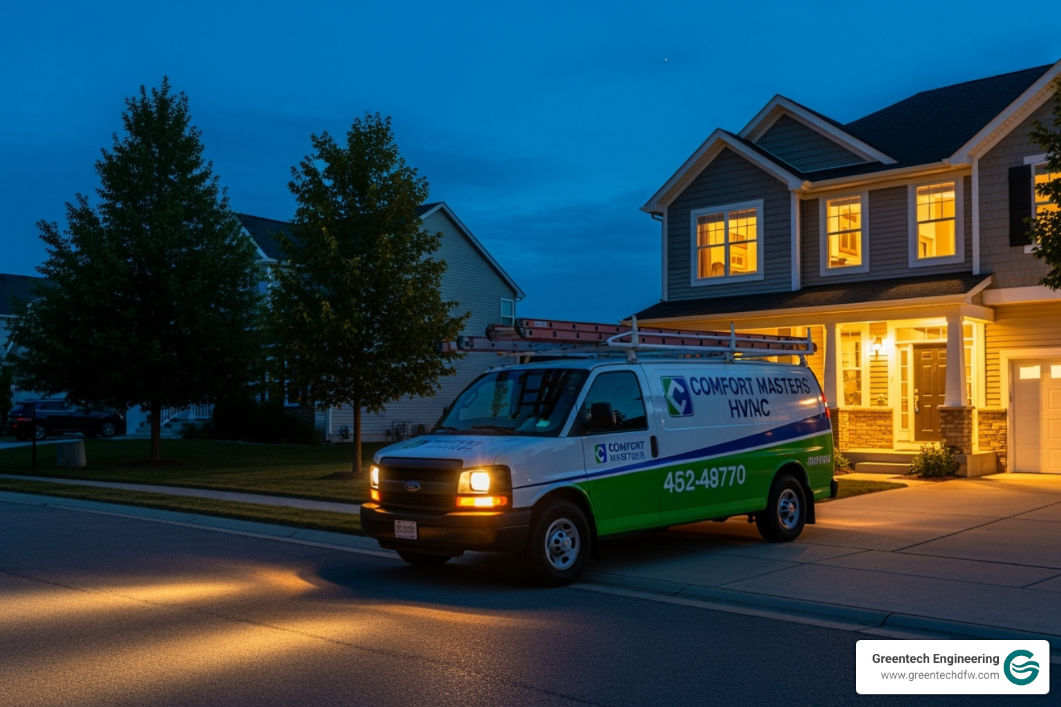 A professional technician's van arriving at a home in the evening - 24 hour AC repair Plano