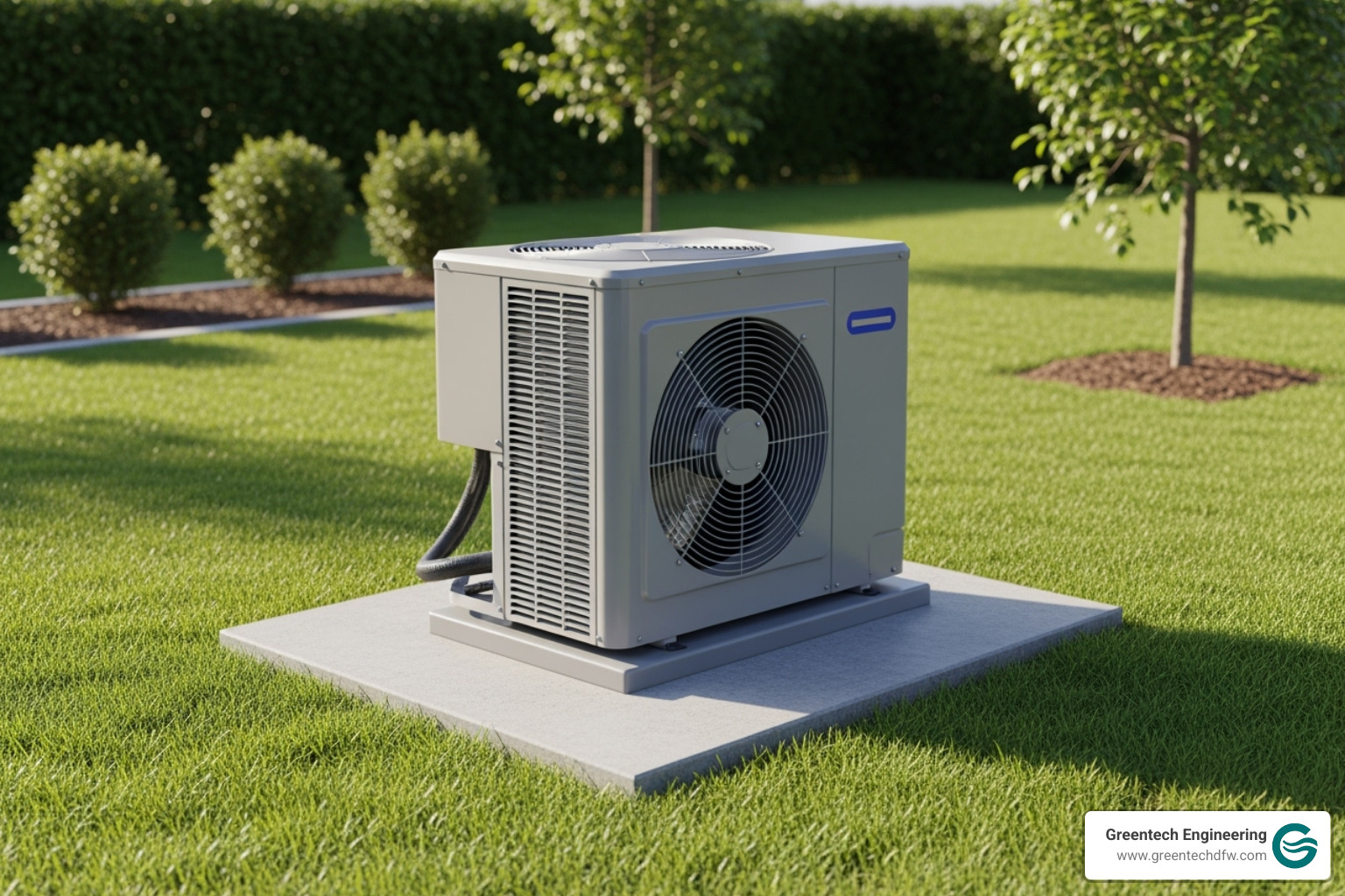 A clean outdoor AC unit with ample space around it, illustrating proper clearance for optimal airflow - Improve AC efficiency A clean outdoor AC unit with ample space around it, illustrating proper clearance for optimal airflow - Improve AC efficiency
