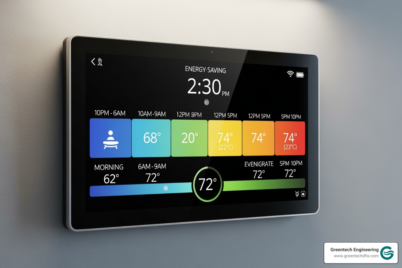 A modern smart thermostat displaying an energy-saving schedule with different temperatures for different times of day - Improve AC efficiency A modern smart thermostat displaying an energy-saving schedule with different temperatures for different times of day - Improve AC efficiency