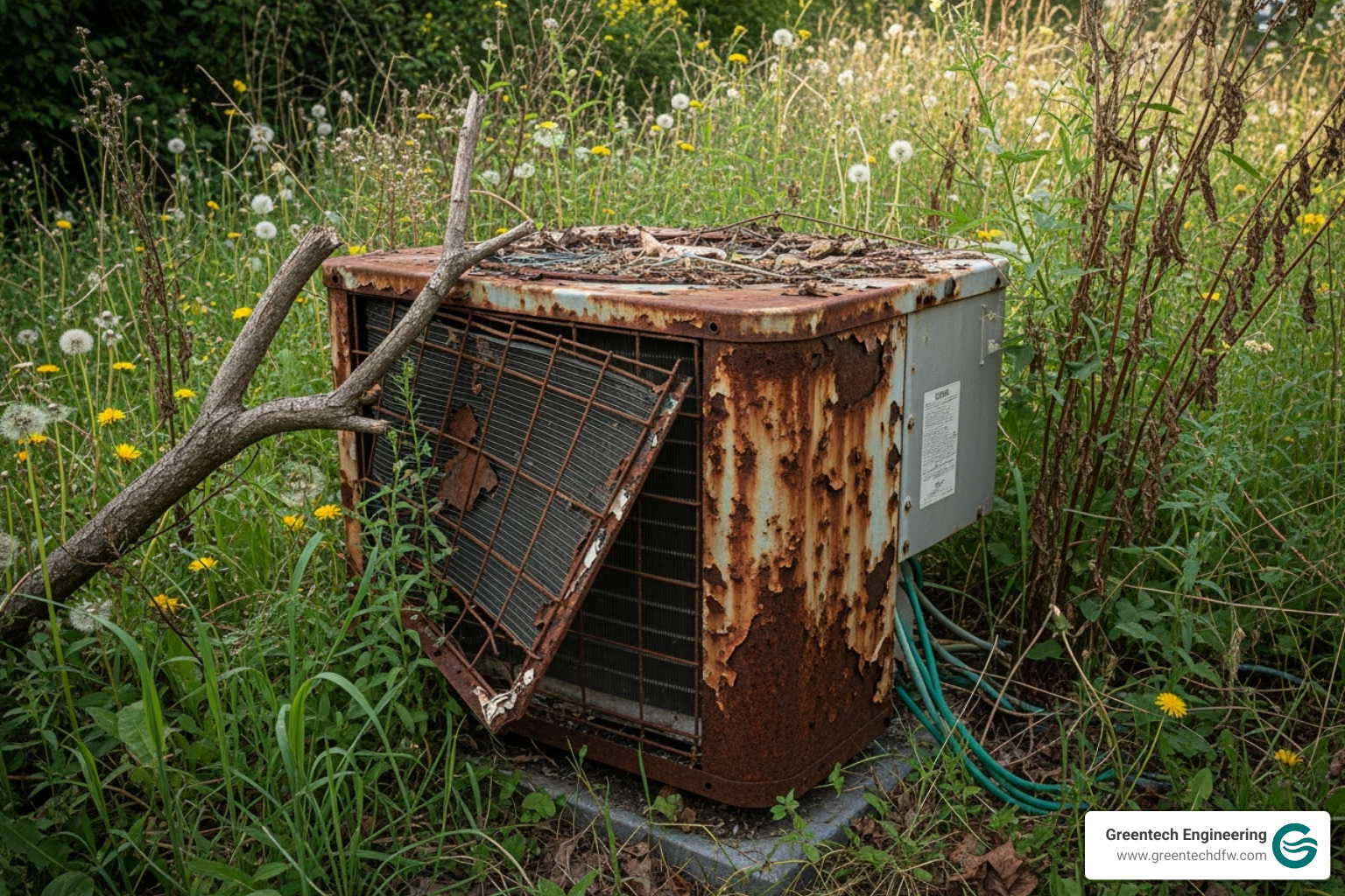 An old, rusty outdoor AC unit with overgrown weeds around it, indicating neglect and inefficiency - Energy efficient HVAC
