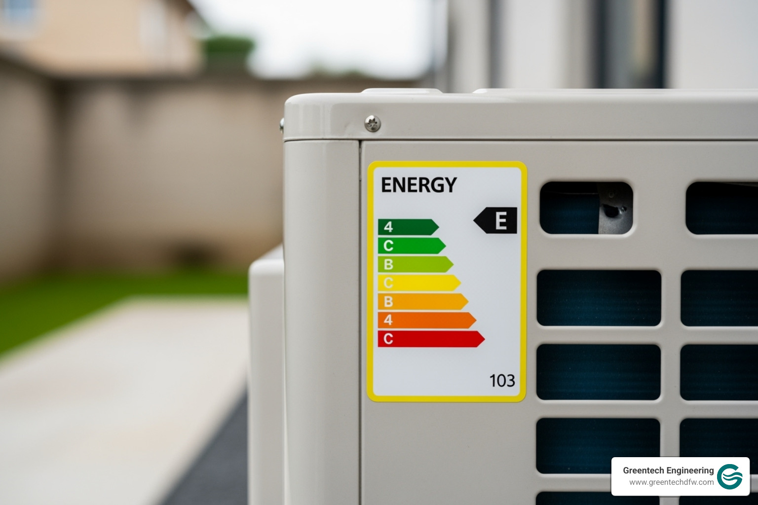 EnergyGuide label on an HVAC unit, displaying SEER, EER, and AFUE ratings, along with estimated annual energy cost - Energy efficient HVAC