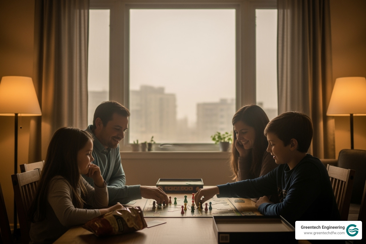 family enjoying an activity indoors on a hazy day - Carrollton air quality