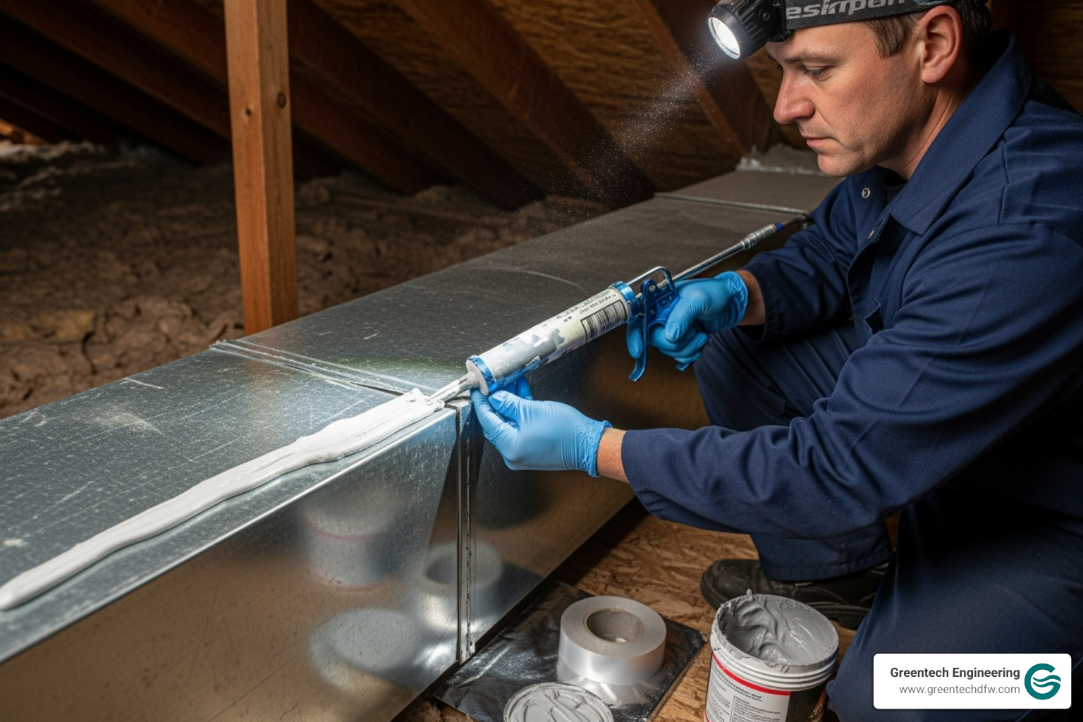 A professional sealing ductwork with mastic sealant, highlighting the importance of airtight seals for energy efficiency - Energy efficient HVAC
