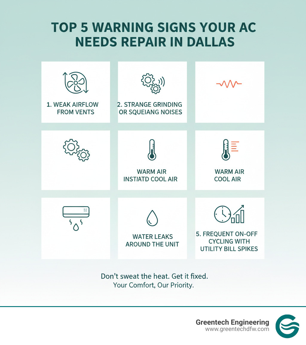 Infographic showing the top 5 warning signs your AC needs repair in Dallas: weak airflow from vents, strange grinding or squealing noises, warm air instead of cool air, water leaks around the unit, and frequent on-off cycling with utility bill spikes - AC repair Dallas TX infographic 