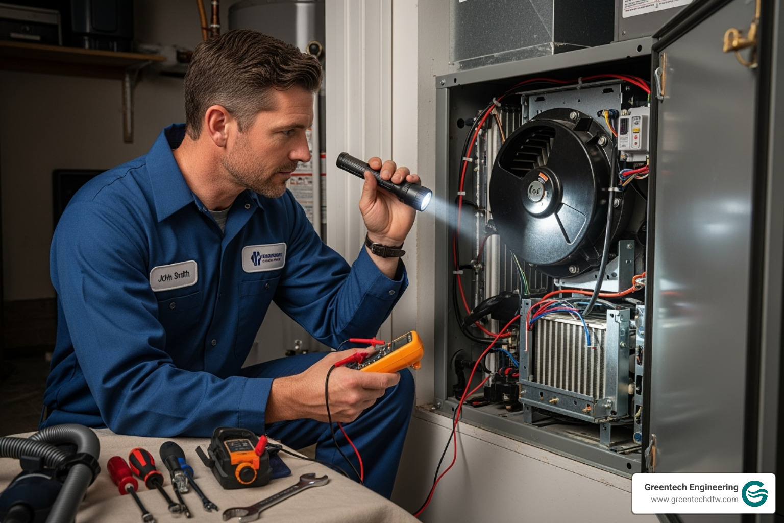 Professional technician inspecting an indoor air handler - AC repair Dallas TX