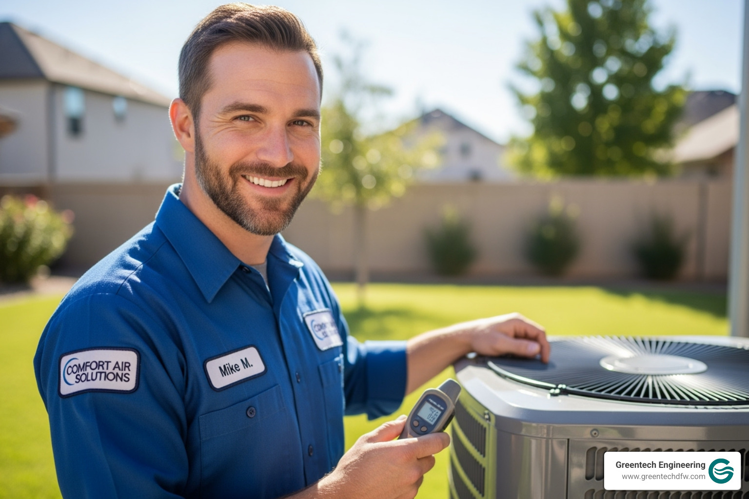 A professional HVAC technician smiling - plano HVAC repair A professional HVAC technician smiling - plano HVAC repair