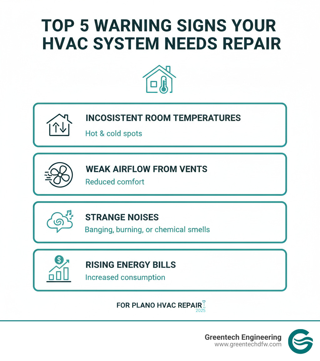 Infographic showing the top 5 warning signs your HVAC system needs repair: inconsistent room temperatures, weak airflow from vents, strange noises like banging or rattling, unusual odors from vents, and rising energy bills - plano HVAC repair infographic Infographic showing the top 5 warning signs your HVAC system needs repair: inconsistent room temperatures, weak airflow from vents, strange noises like banging or rattling, unusual odors from vents, and rising energy bills - plano HVAC repair infographic