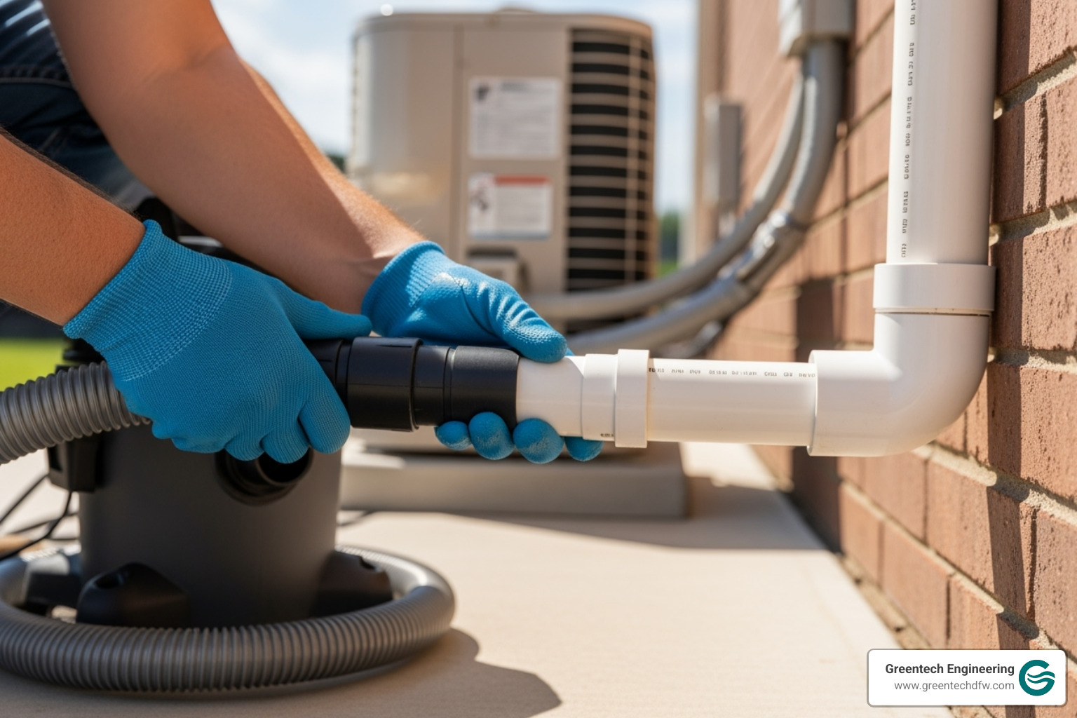 homeowner using a wet/dry vacuum on an outdoor AC drain pipe - AC drain line clog