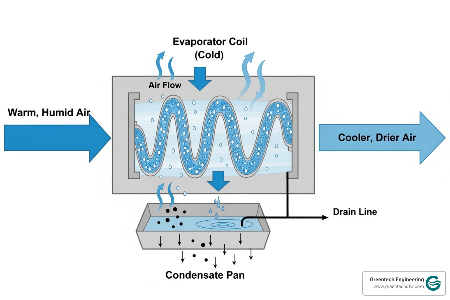 diagram showing the AC dehumidification process - AC drain line clog