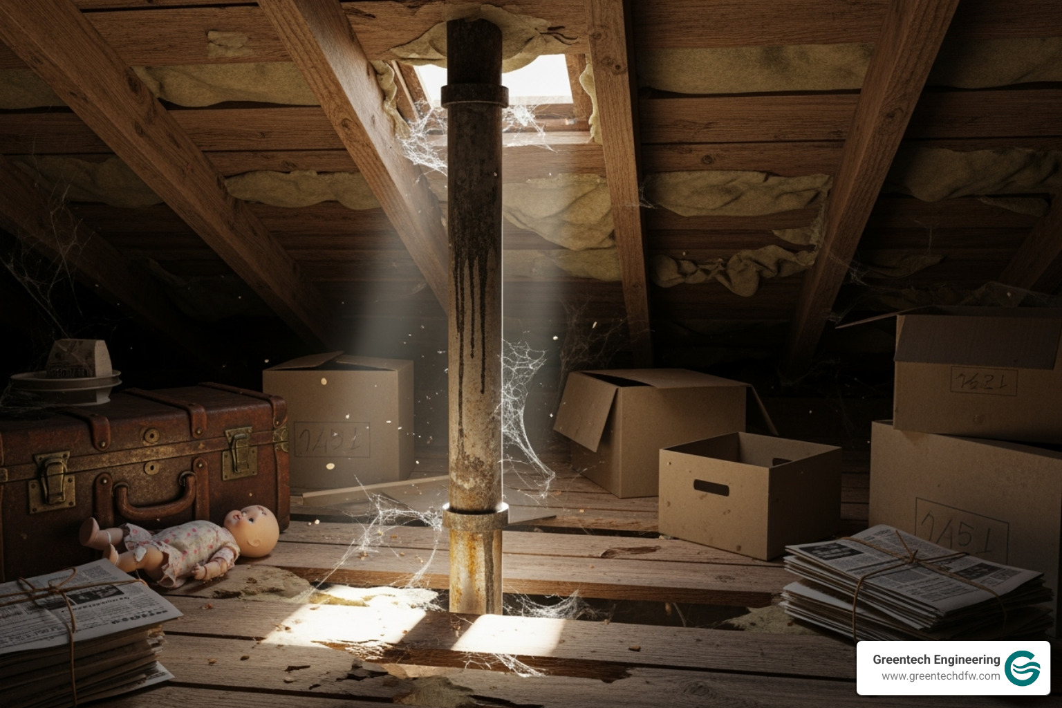 A dusty attic with visible gaps around a plumbing pipe, indicating air leakage - air sealing attic near me