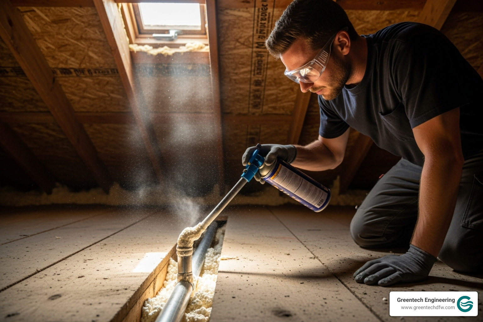 A professional technician carefully applying spray foam to seal a gap around a pipe in an attic - air sealing attic near me