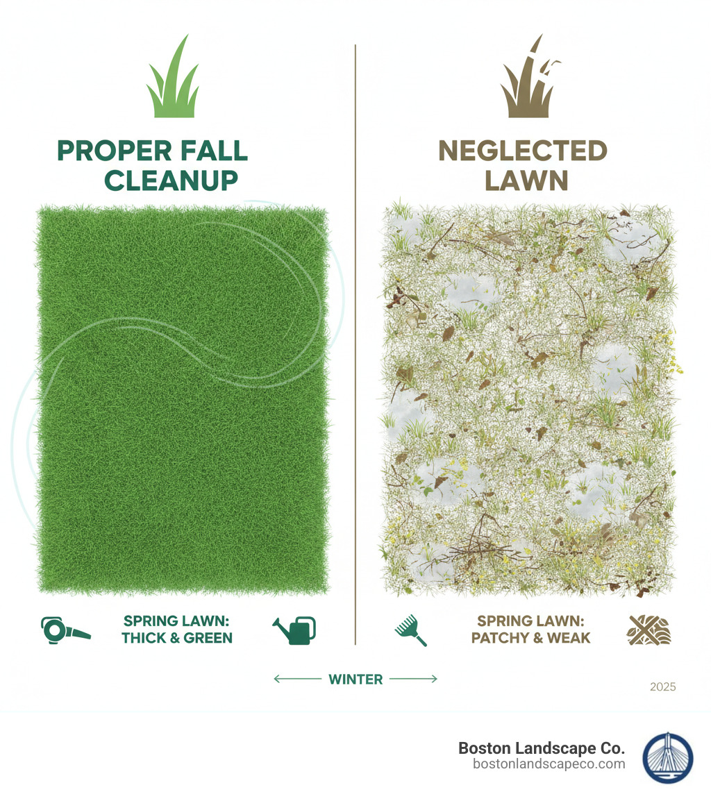 Infographic showing a side-by-side comparison of a healthy lawn after proper fall cleanup versus a neglected lawn in spring, with the maintained lawn showing thick green grass and the neglected lawn displaying snow mold patches, dead brown areas, weeds sprouting through debris, and thin struggling grass - fall lawn clean up infographic Infographic showing a side-by-side comparison of a healthy lawn after proper fall cleanup versus a neglected lawn in spring, with the maintained lawn showing thick green grass and the neglected lawn displaying snow mold patches, dead brown areas, weeds sprouting through debris, and thin struggling grass - fall lawn clean up infographic