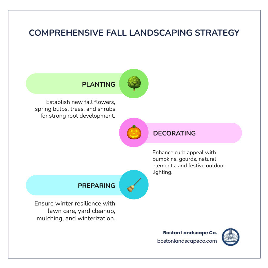 Comprehensive fall landscaping strategy infographic showing three main pillars: 1) Planting (fall flowers, spring bulbs, trees and shrubs with seasonal color), 2) Decorating (pumpkins, gourds, natural elements, outdoor lighting), and 3) Preparing (lawn care, cleanup, mulching, winterization) with timeline showing September through November tasks - autumn landscaping ideas infographic infographic-line-3-steps-colors