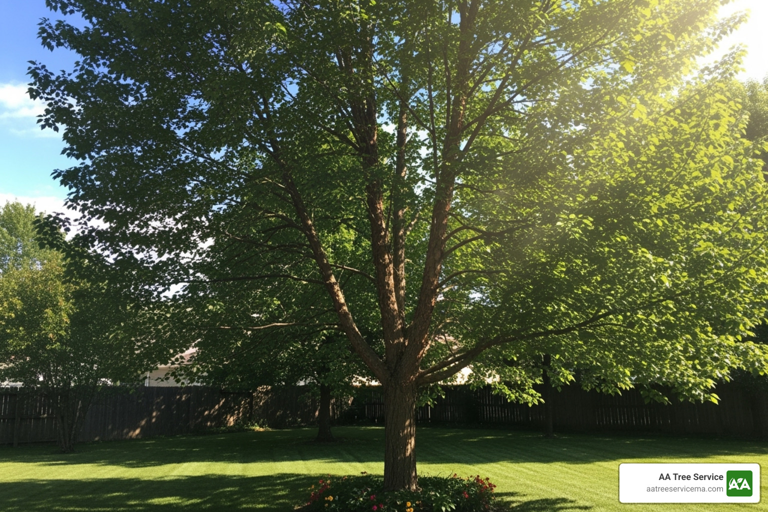 A healthy, well-maintained tree in a residential yard, with green leaves and a strong, upright trunk - emergency tree service near me A healthy, well-maintained tree in a residential yard, with green leaves and a strong, upright trunk - emergency tree service near me