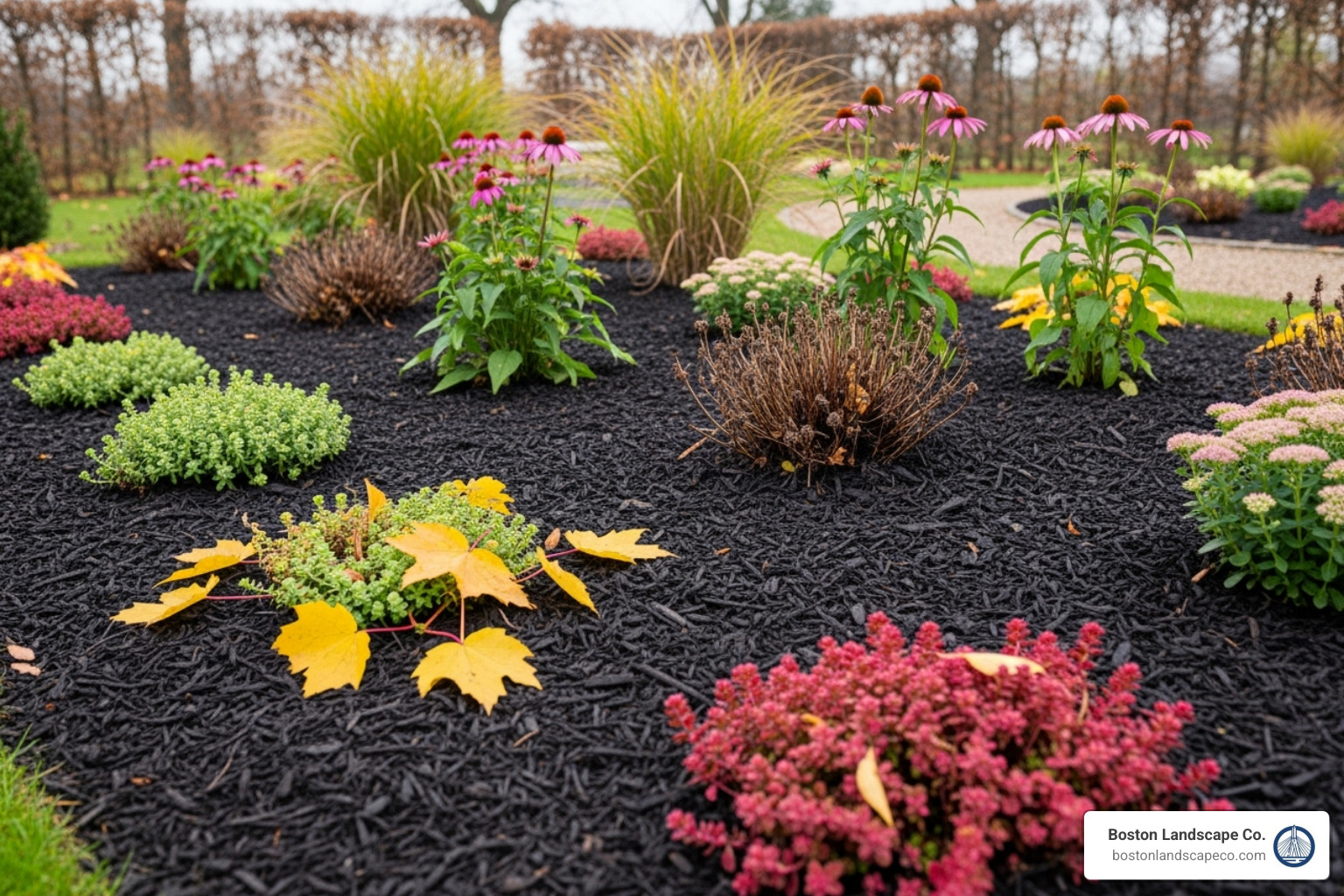 neatly pruned perennials in a mulched garden bed ready for winter - fall lawn clean up neatly pruned perennials in a mulched garden bed ready for winter - fall lawn clean up