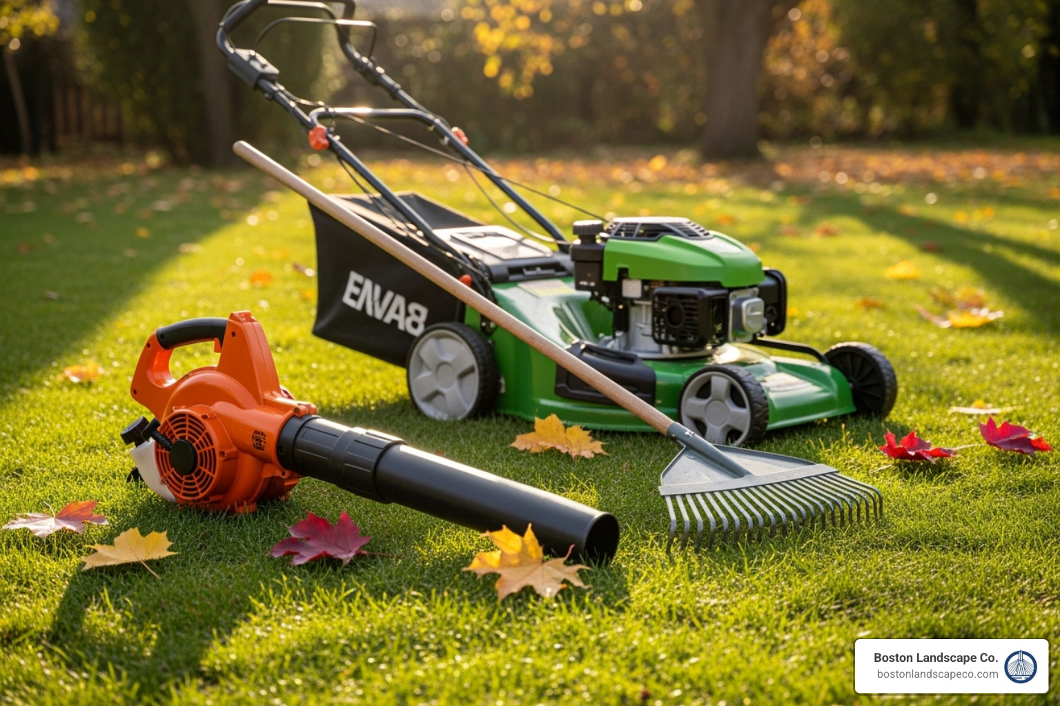 essential fall cleanup tools like a leaf blower, rake, and mower laid out on a lawn - fall lawn clean up essential fall cleanup tools like a leaf blower, rake, and mower laid out on a lawn - fall lawn clean up