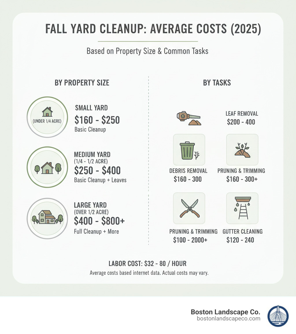 infographic showing average costs for yard cleanup services based on property size and tasks - fall yard cleaning infographic 