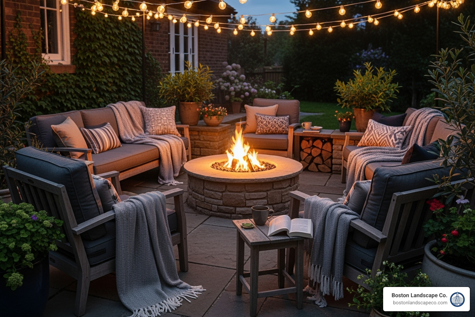 Cozy patio with a fire pit, string lights, and comfortable seating with blankets - autumn landscaping ideas