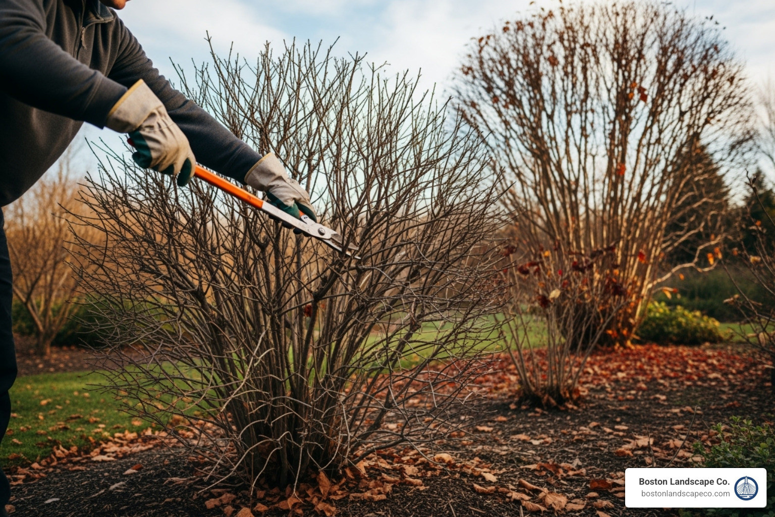 person safely pruning a dormant shrub with loppers - fall yard cleaning