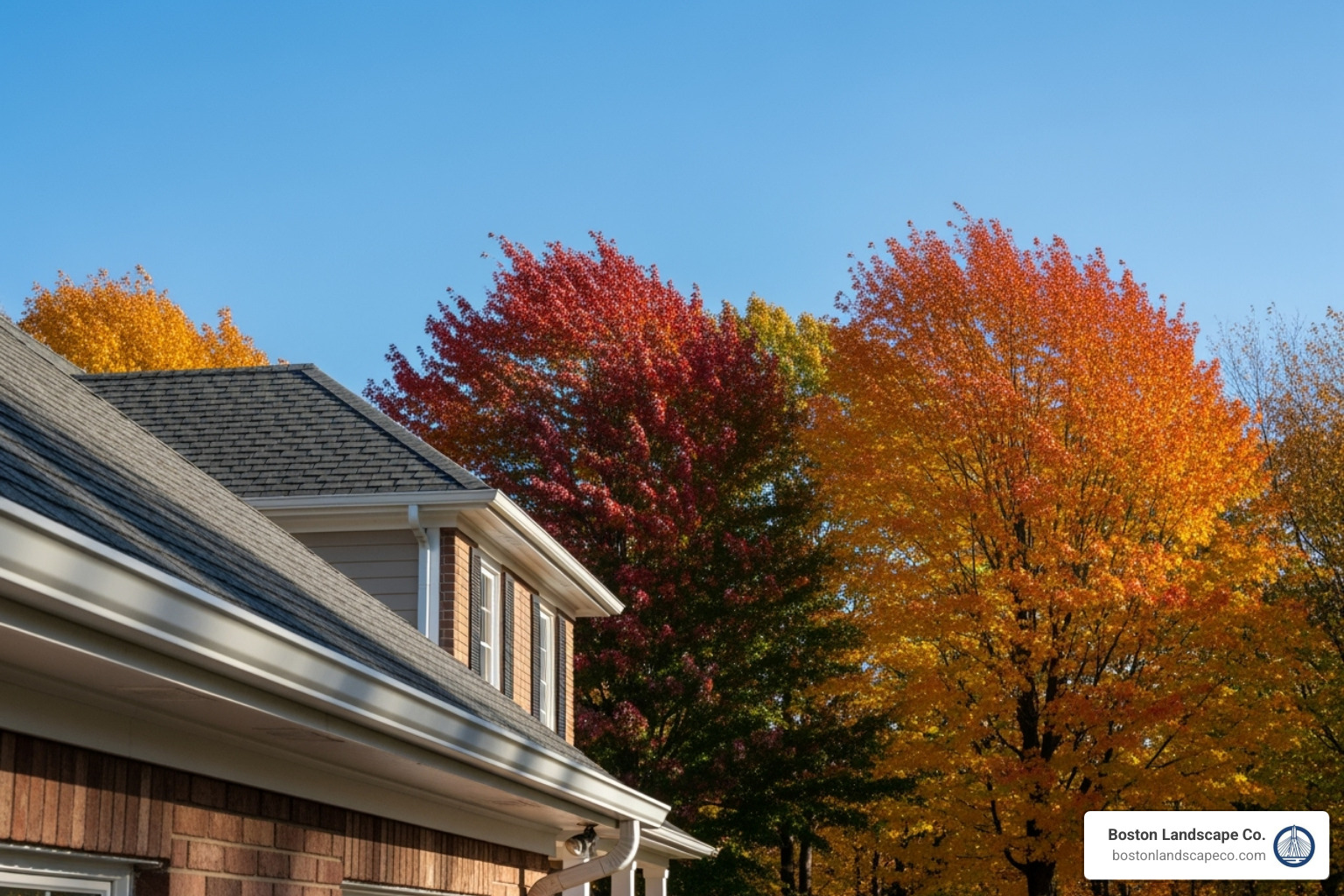 clean gutters on a house with fall trees in the background - fall yard cleaning