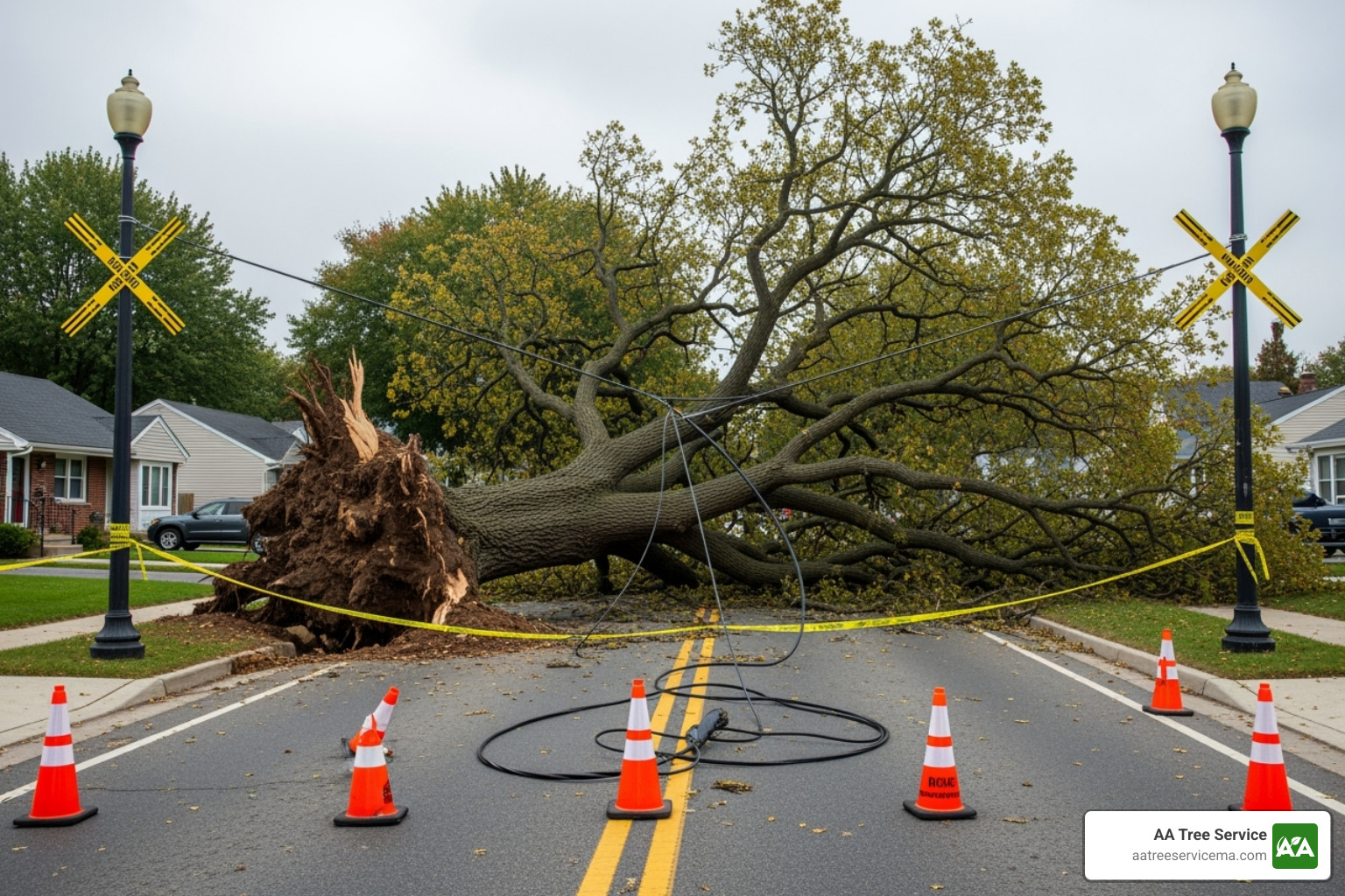 A downed power line tangled in a fallen tree, with the area cordoned off by emergency services - emergency tree service near me A downed power line tangled in a fallen tree, with the area cordoned off by emergency services - emergency tree service near me