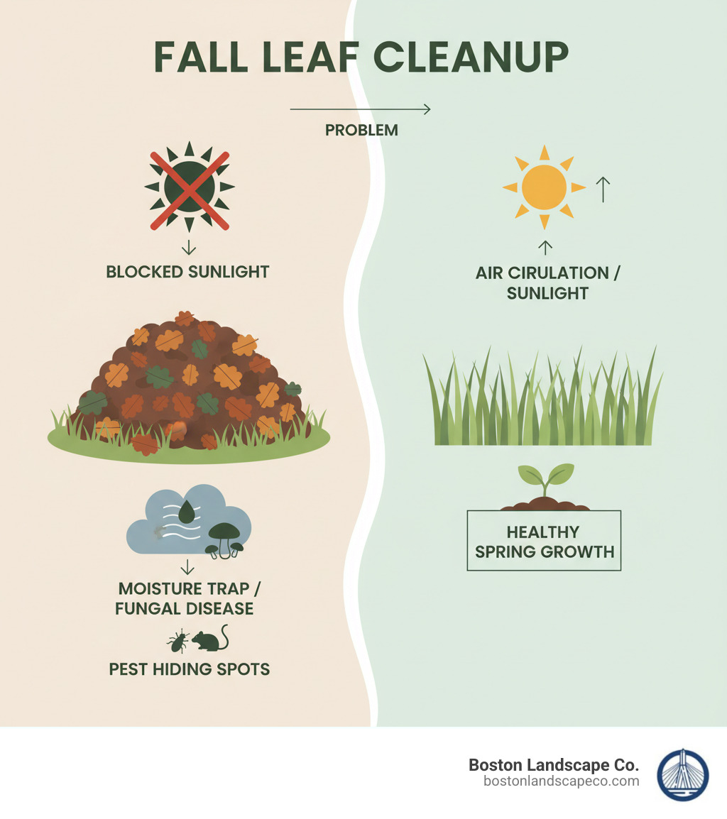 Infographic showing how thick leaf layers block sunlight reaching grass, trap moisture that promotes fungal diseases like snow mold, and create pest hiding spots, while proper cleanup allows air circulation and prepares lawns for healthy spring growth - fall leaf cleanup services near me infographic 