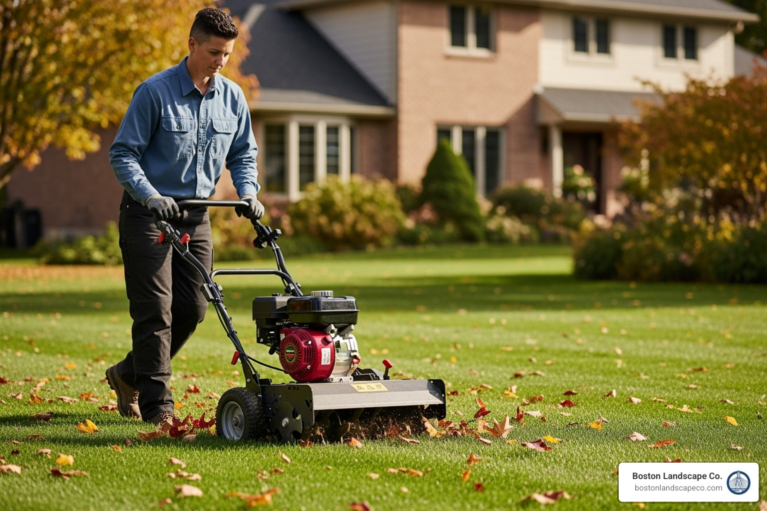 professional landscaper using a core aerator - fall landscaping services