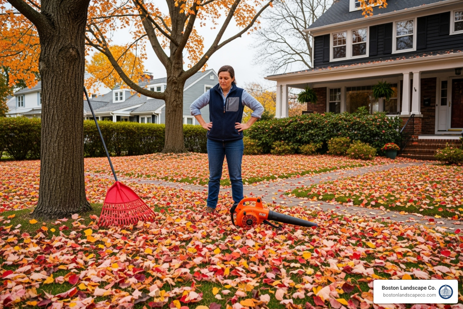 homeowner overwhelmed by a yard full of leaves - fall landscaping services