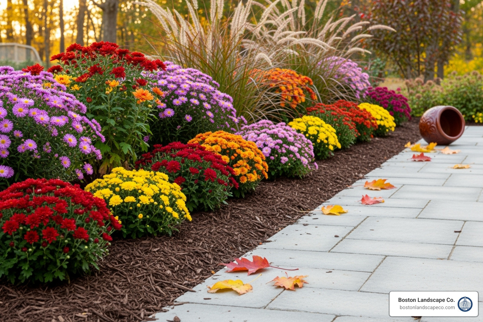 neatly mulched garden bed with fall flowers next to a clean patio - fall landscaping services