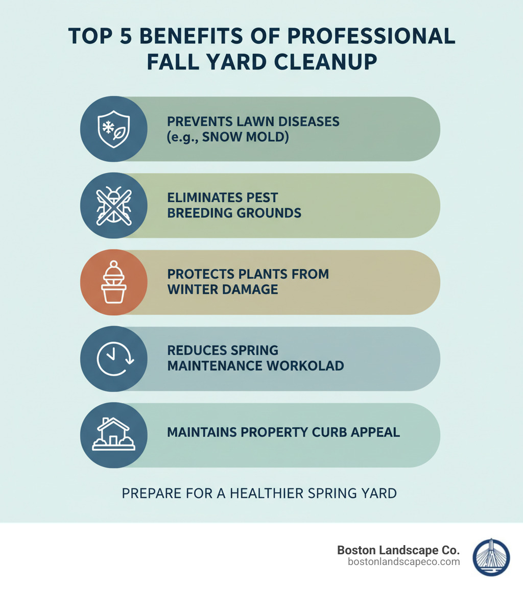 Infographic showing the top 5 benefits of professional fall yard cleanup: prevents lawn diseases like snow mold, eliminates pest breeding grounds, protects plants from winter damage, reduces spring maintenance workload, and maintains property curb appeal throughout winter months - fall yard cleaning services infographic 