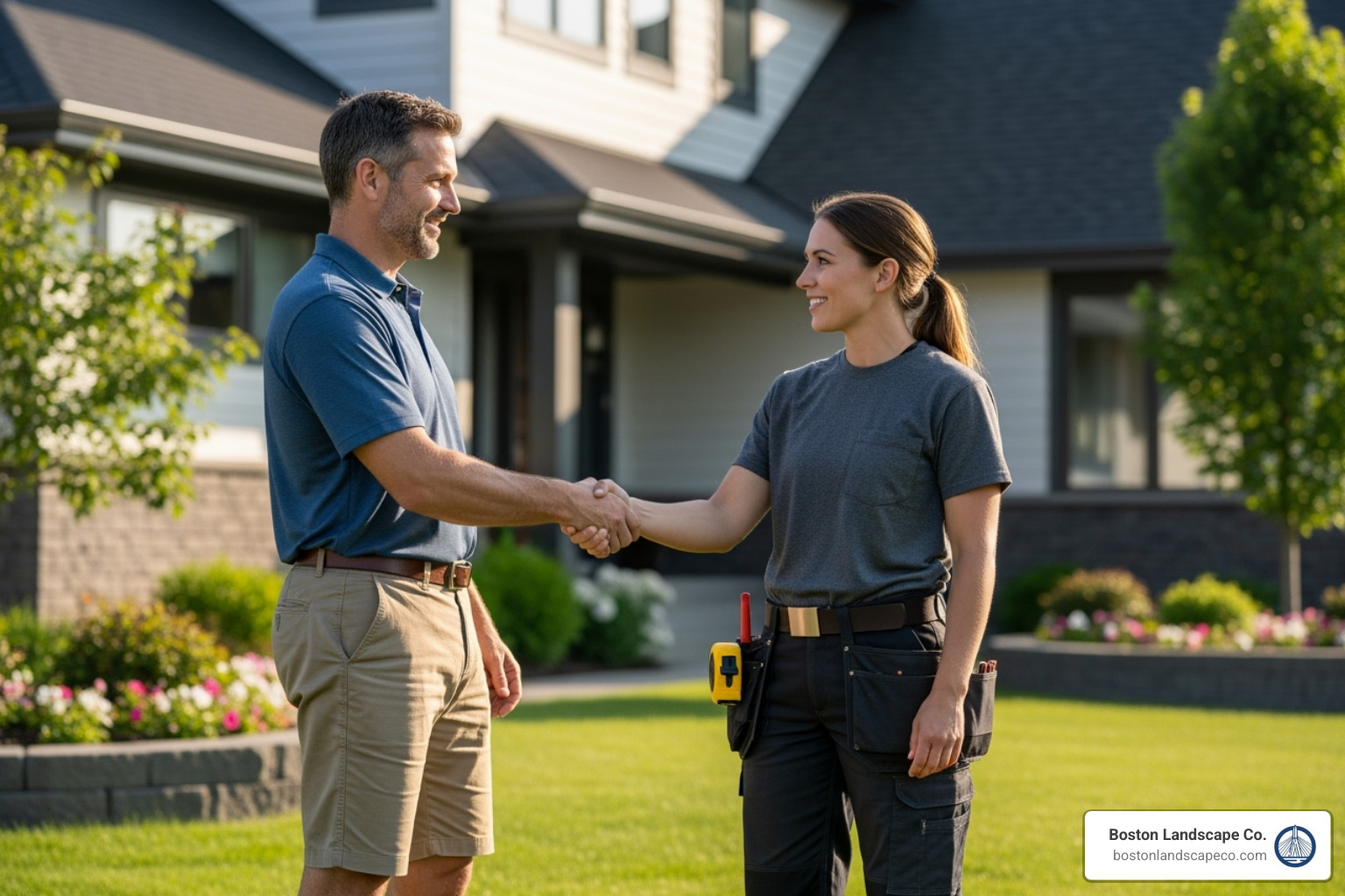 homeowner shaking hands with a professional landscaper - fall yard cleaning services