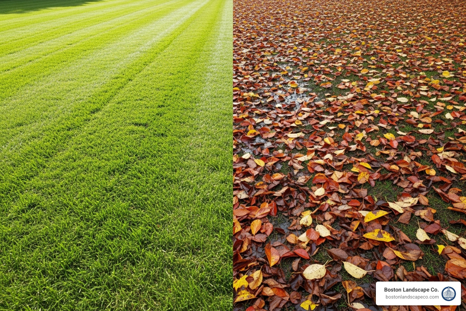 healthy lawn contrasted with one covered in wet, matted leaves - fall yard cleaning services