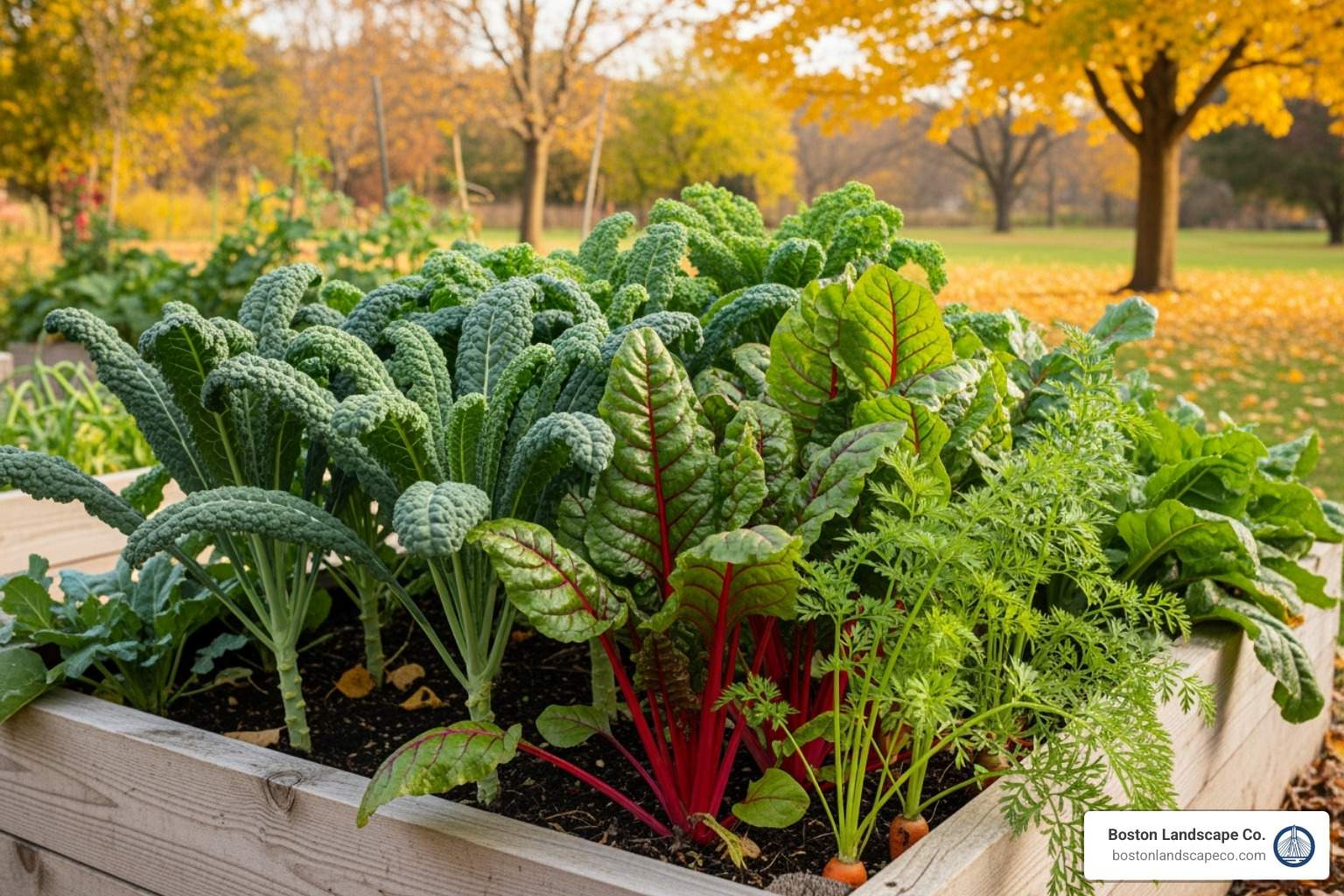 of a raised garden bed filled with kale, Swiss chard, and carrots in the fall. - fall landscape ideas