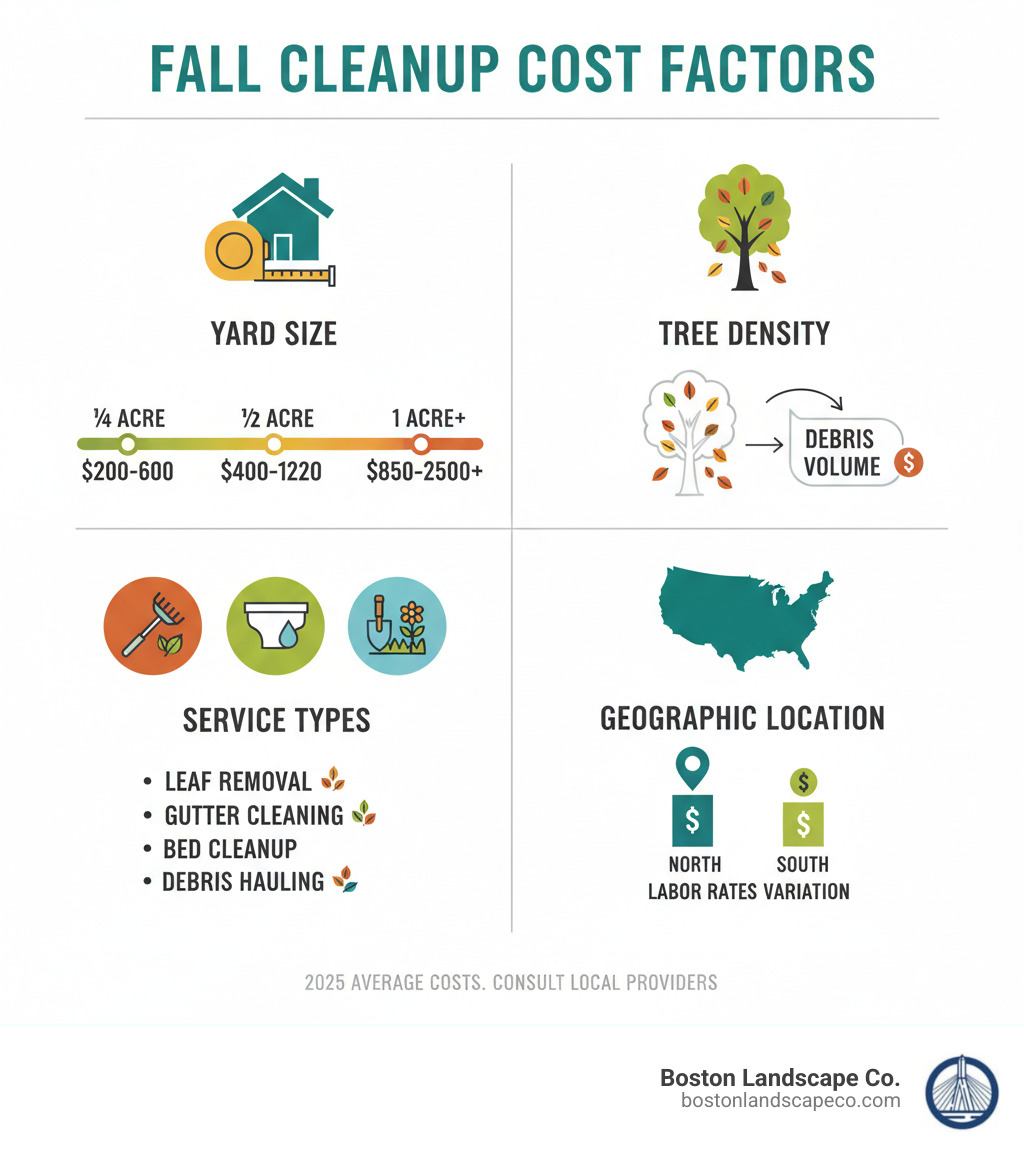 Infographic showing fall cleanup cost factors: yard size ranging from quarter-acre ($200-600) to one-acre ($850-2500+), tree density affecting debris volume, service types including leaf removal, gutter cleaning and bed cleanup, and geographic location impact on labor rates - average cost fall lawn clean up infographic 