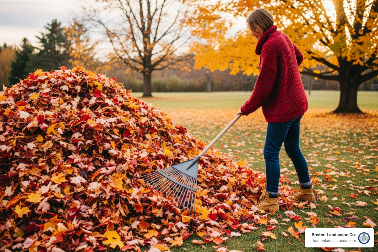 A person raking a large pile of colorful fall leaves in a yard. - average cost fall lawn clean up