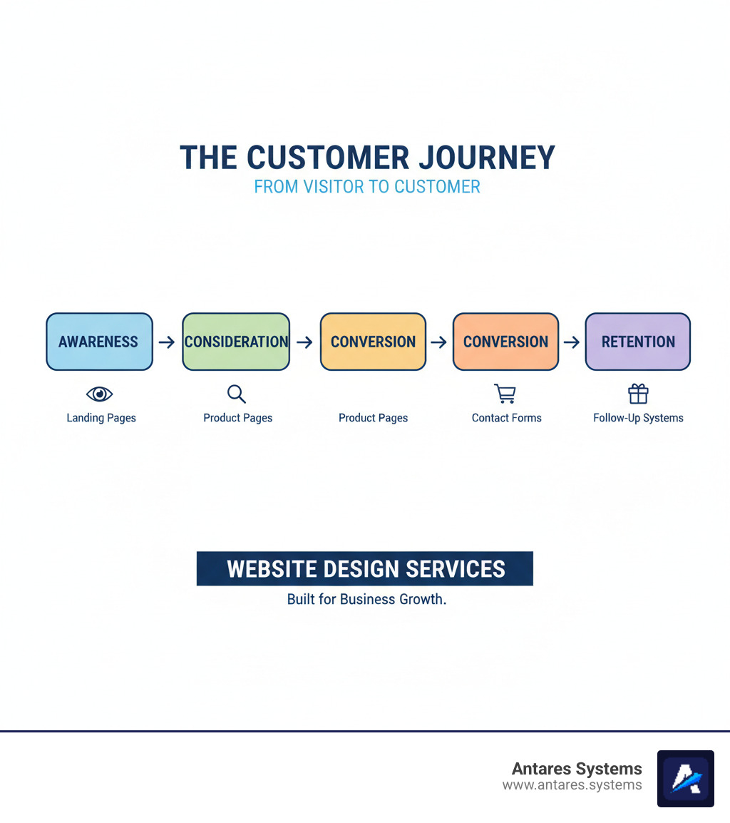 Infographic showing the customer journey from website visitor to paying customer, including stages like awareness, consideration, conversion, and retention with corresponding website elements like landing pages, product pages, contact forms, and follow-up systems - website design services infographic 