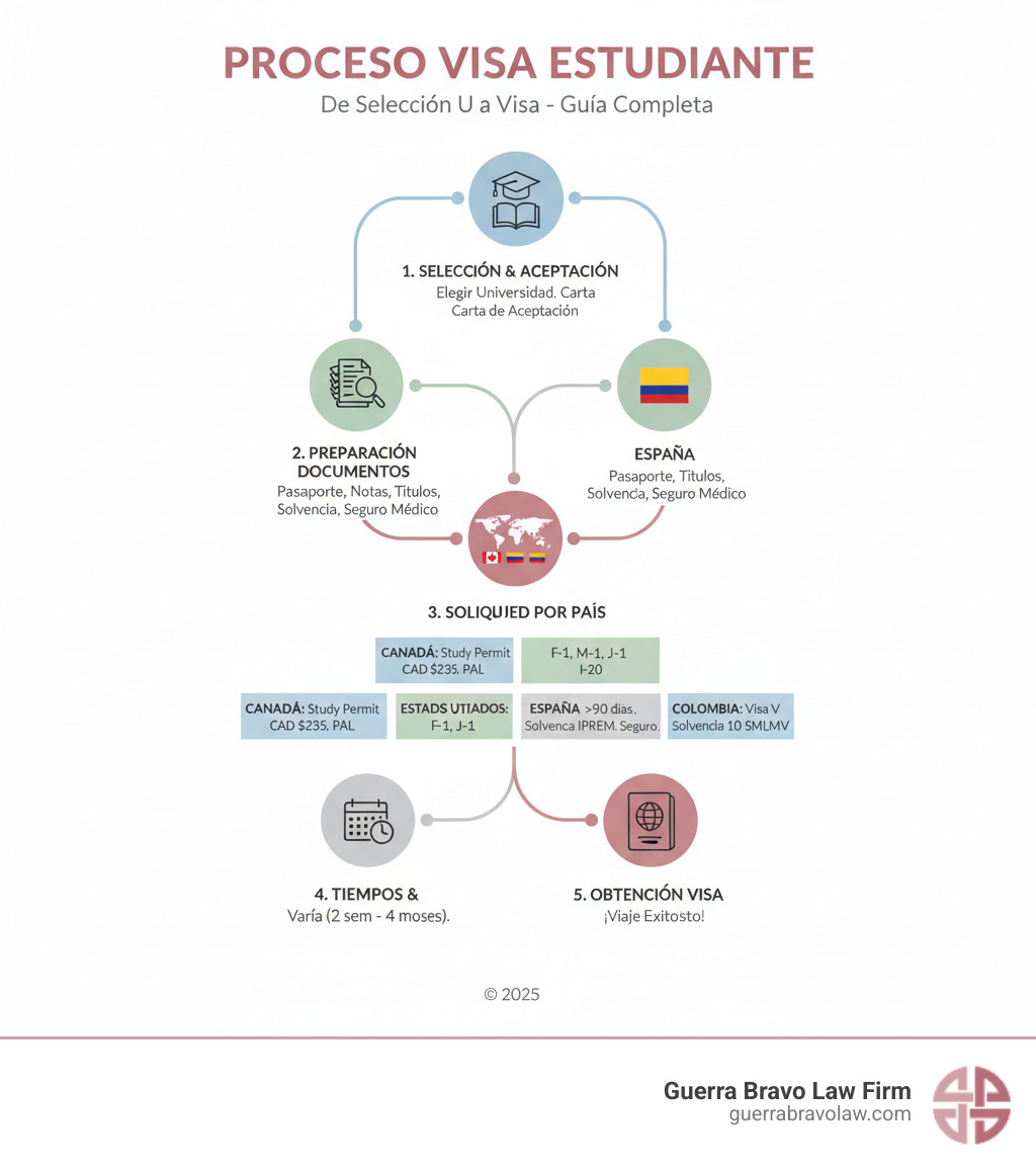 Proceso completo de solicitud de visa de estudiante desde la selección de universidad hasta la obtención de la visa, incluyendo documentos requeridos, costos, y tiempos de procesamiento para los principales países de destino - Visa de estudiante infographic 