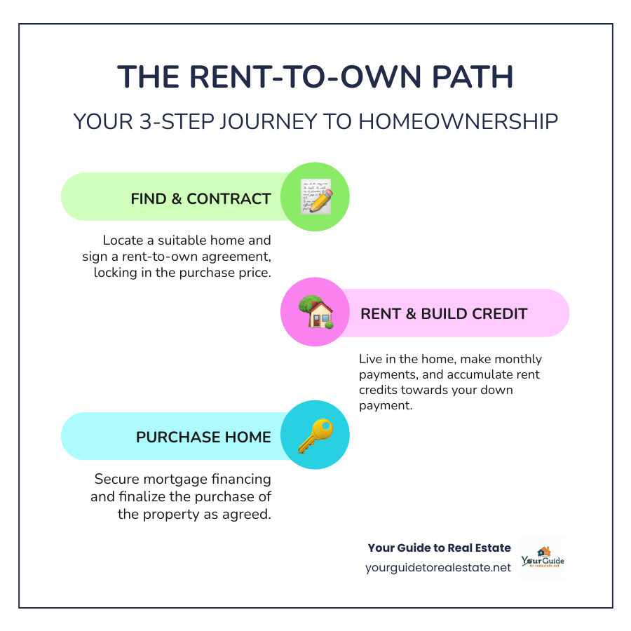 Infographic showing the 4-step rent-to-own process: Step 1 Find Home through online searches and real estate agents, Step 2 Sign Agreement with lease terms and purchase price, Step 3 Rent and Save with monthly payments building toward down payment, Step 4 Buy Home using accumulated credits and mortgage financing - rent to own homes near me infographic infographic-line-3-steps-colors