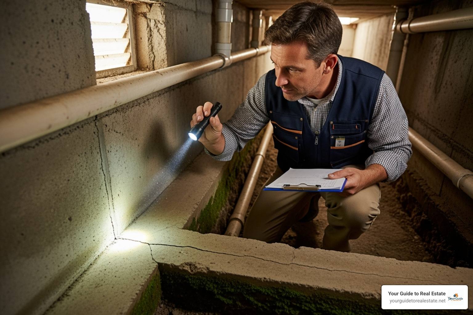 Home inspector examining a house's foundation - rent to own homes near me