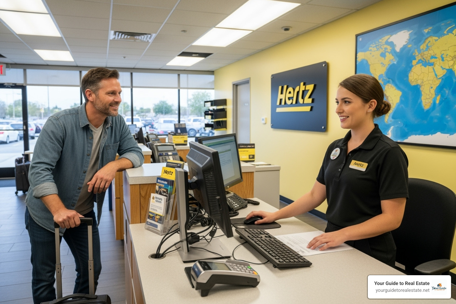 A rental car counter with a customer and an agent interacting - costco car rental