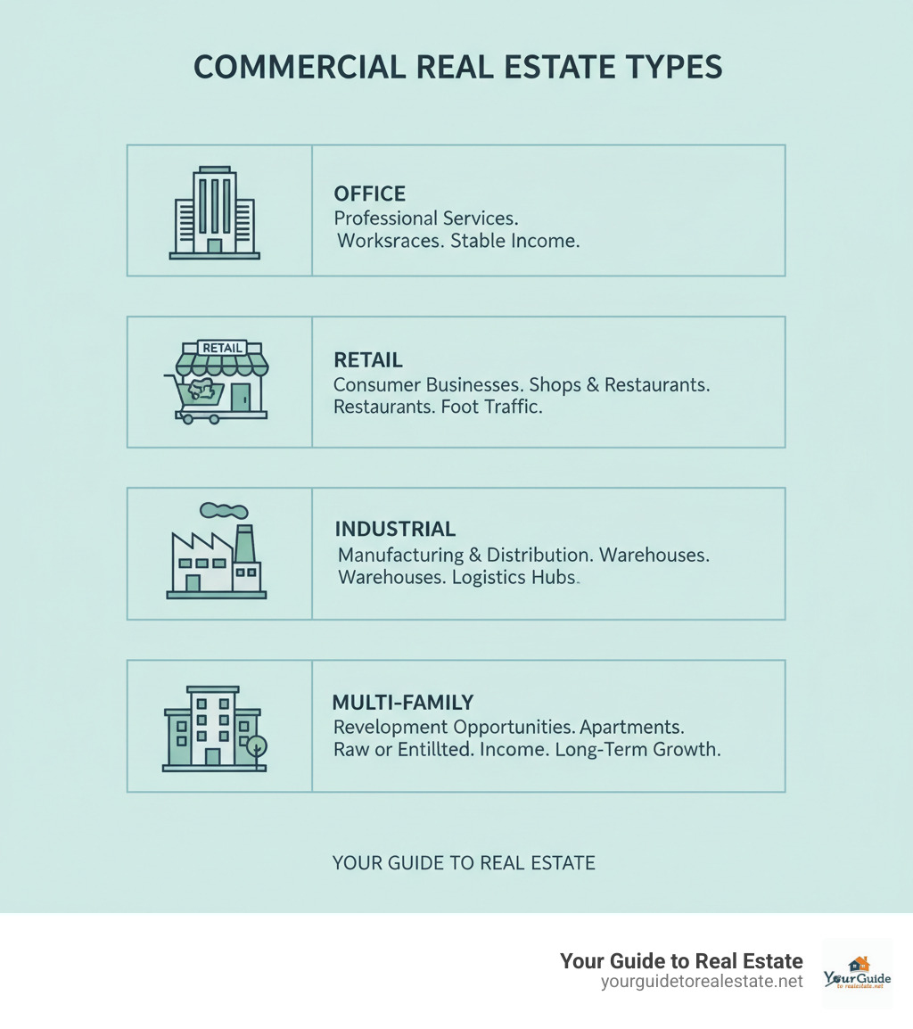 Infographic showing the five main types of commercial real estate properties: Office buildings for professional services, Retail properties for consumer businesses, Industrial facilities for manufacturing and distribution, Multi-family housing for rental income, and Land for development opportunities, each with typical use cases and investment characteristics - commercial real estate infographic 