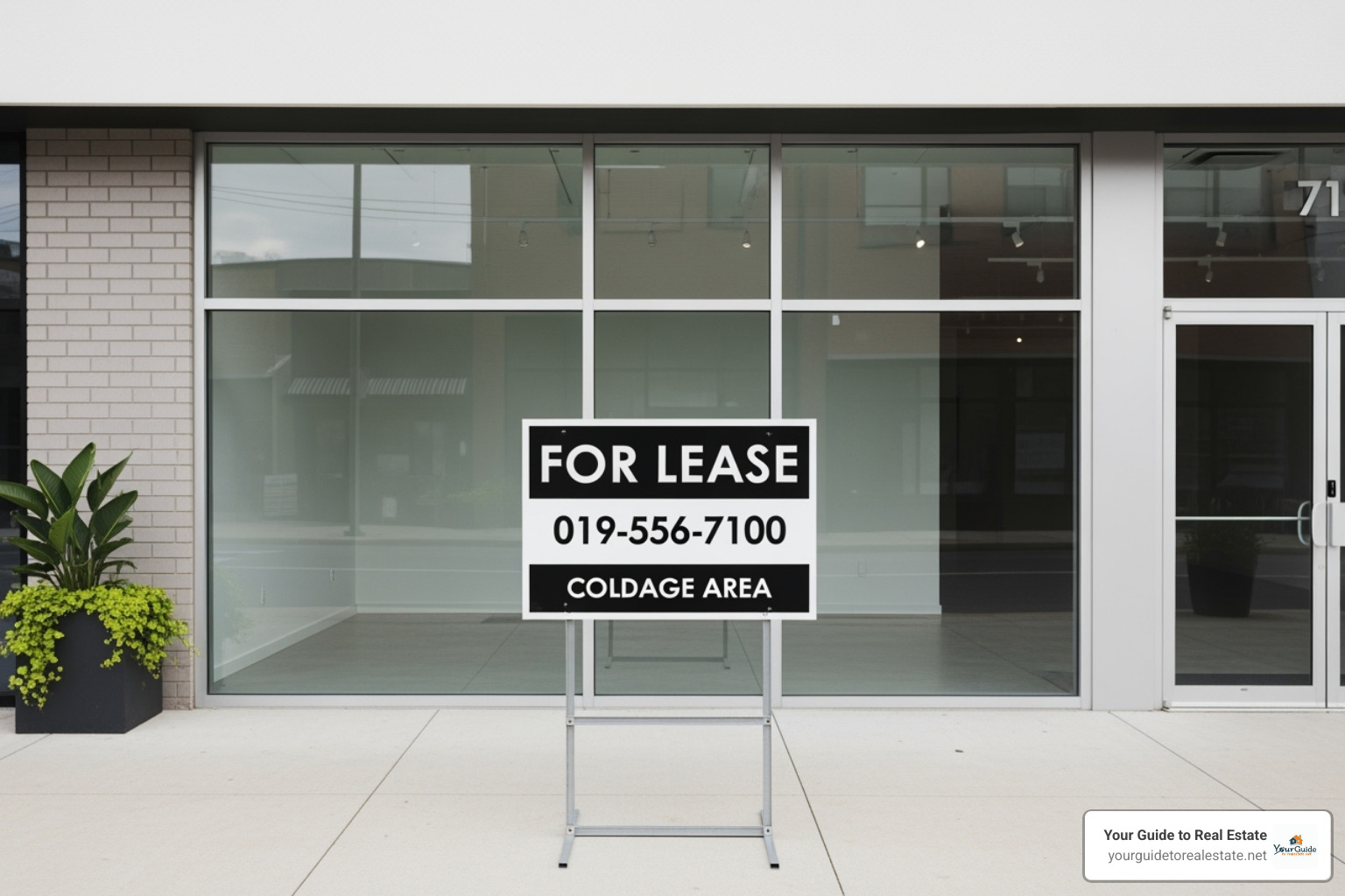 For Lease sign in front of a modern retail space - commercial real estate
