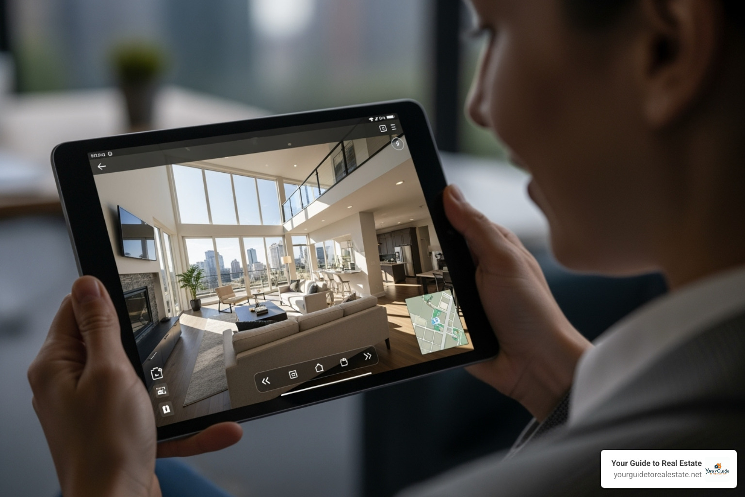 person using a tablet to view a 3D virtual property tour - commercial real estate