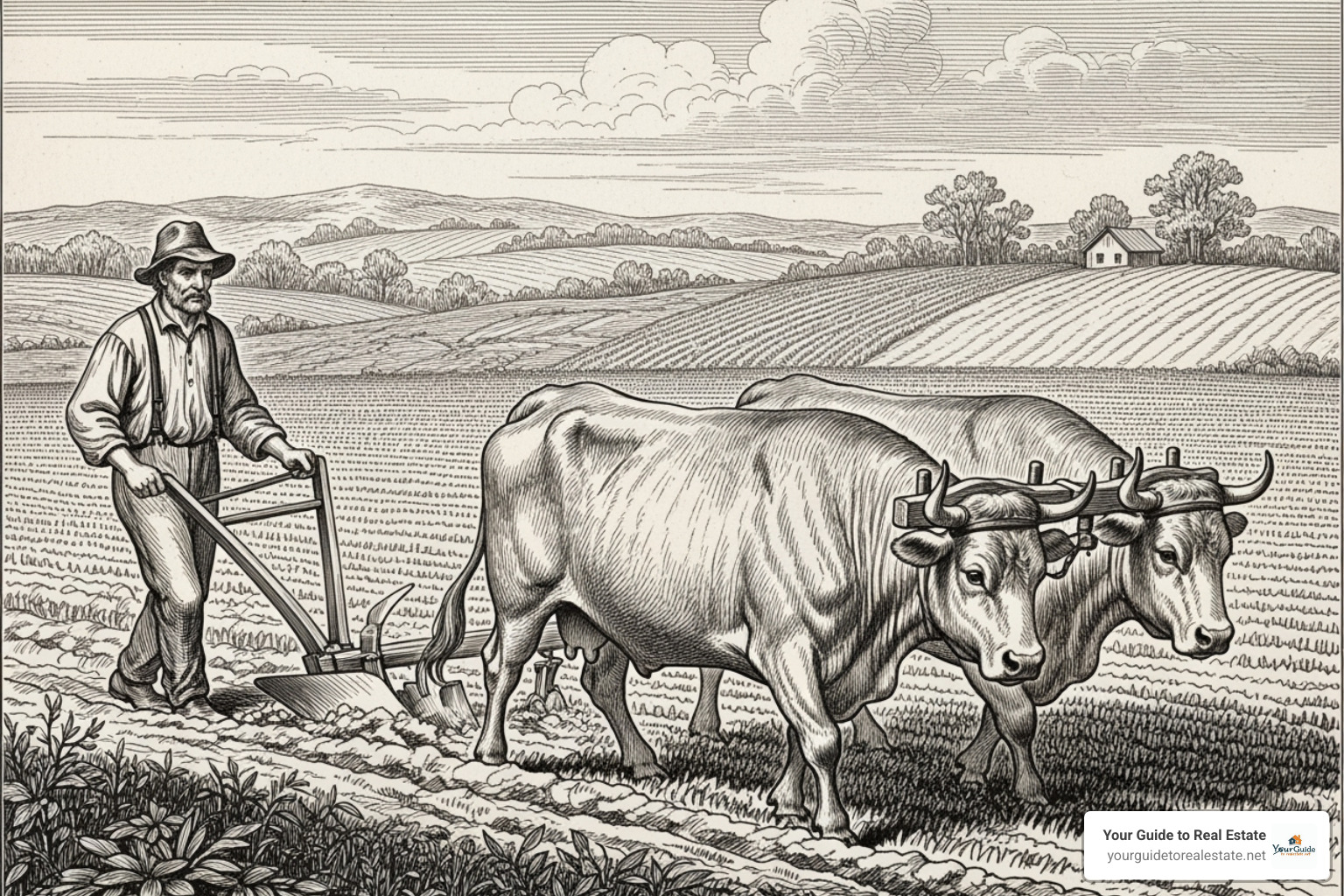 Historical drawing of oxen plowing a field - how big is an acre